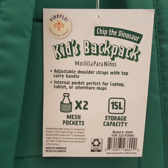 Firefly! Outdoor Gear Chip the Dinosaur Kid's Backpack Green - Picture 8 of 11